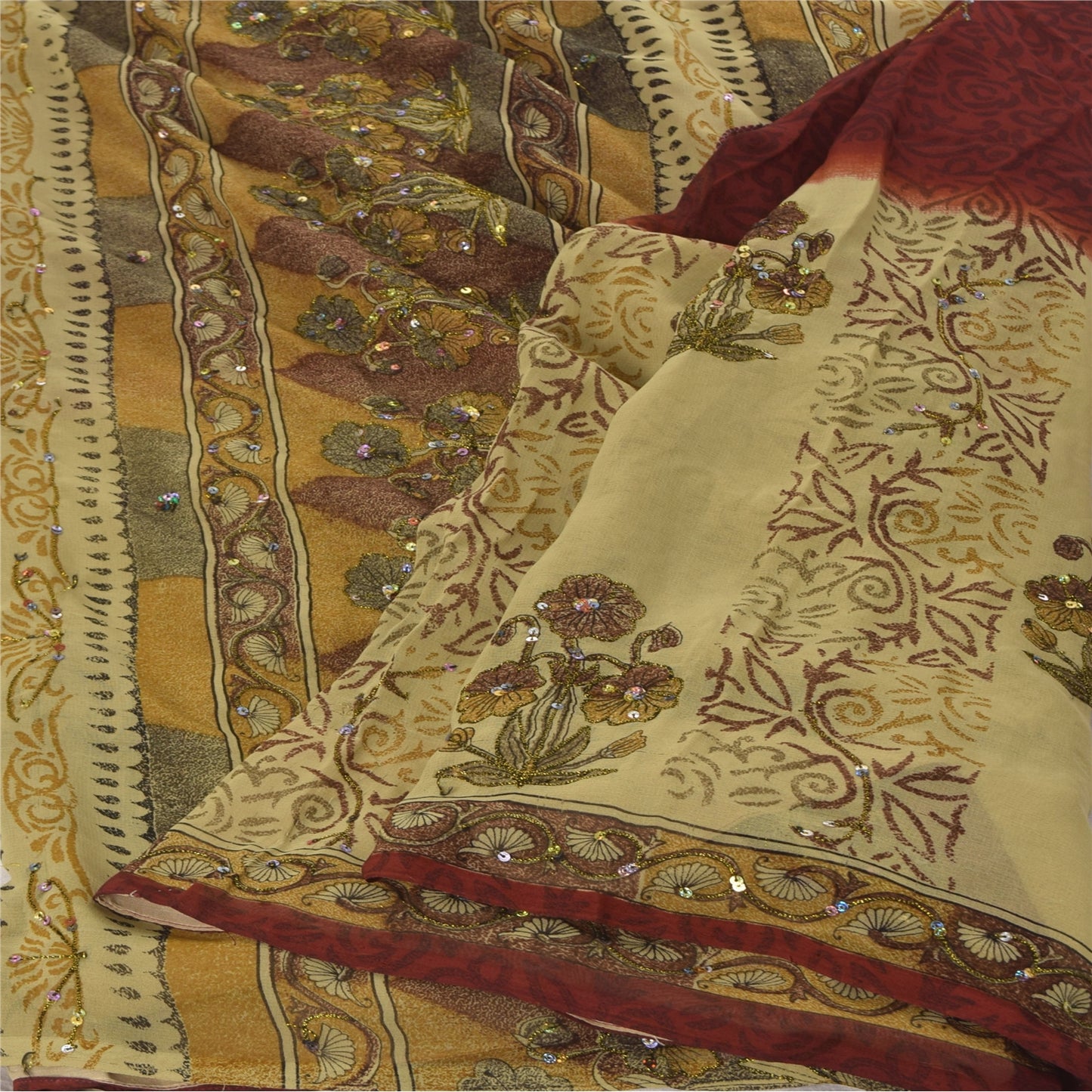 Sanskriti Vintage Cream Sarees Georgette Hand Beaded Premium Sari Craft Fabric