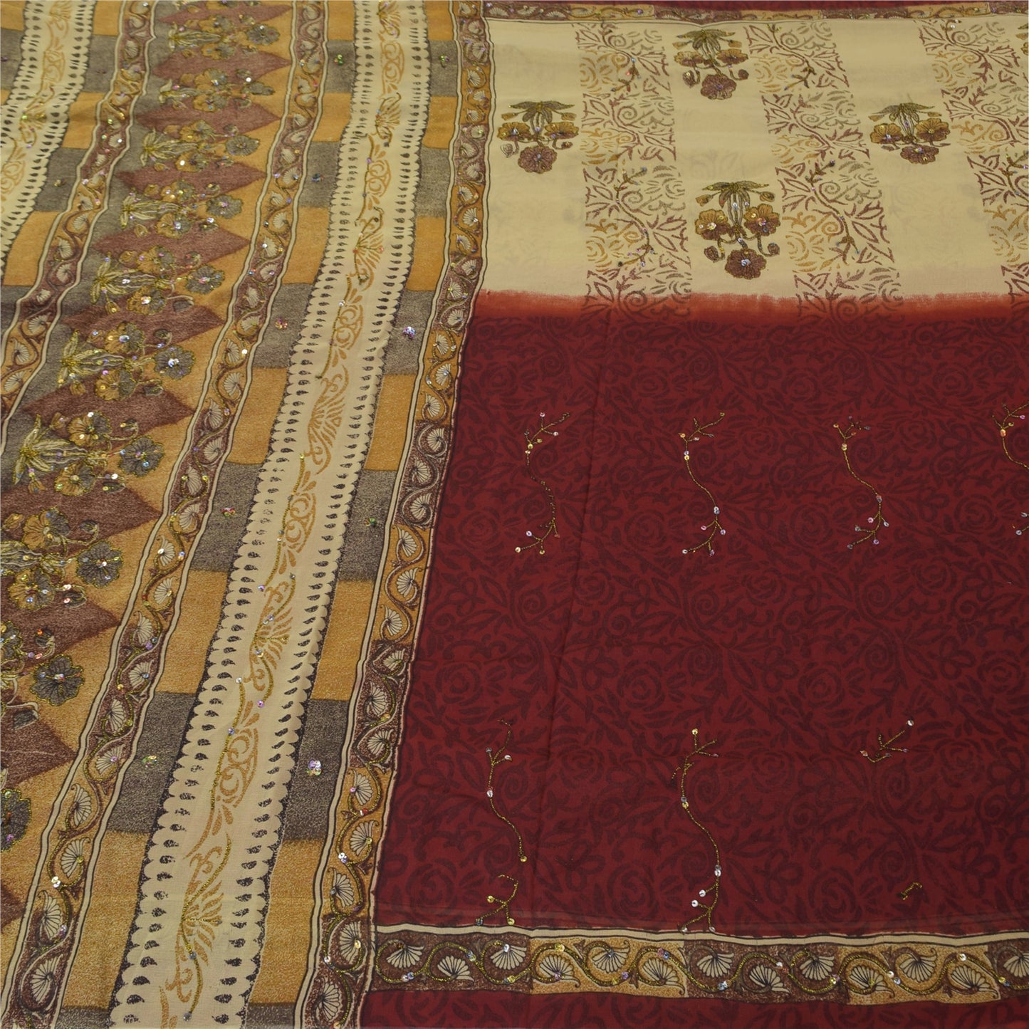 Sanskriti Vintage Cream Sarees Georgette Hand Beaded Premium Sari Craft Fabric