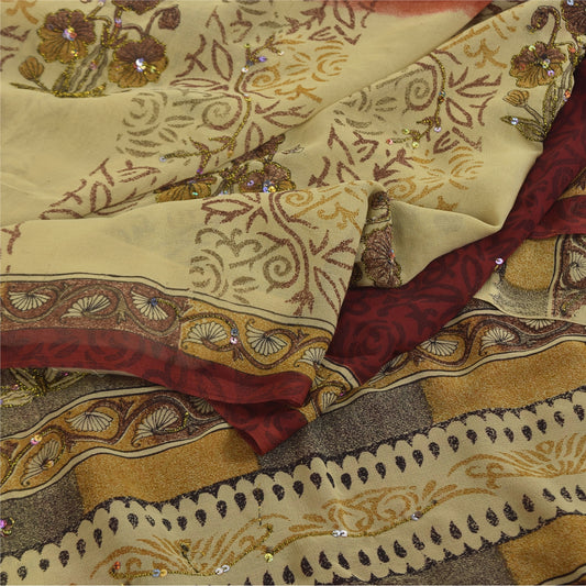 Sanskriti Vintage Cream Sarees Georgette Hand Beaded Premium Sari Craft Fabric
