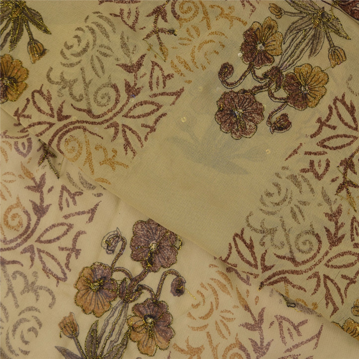 Sanskriti Vintage Cream Sarees Georgette Hand Beaded Premium Sari Craft Fabric