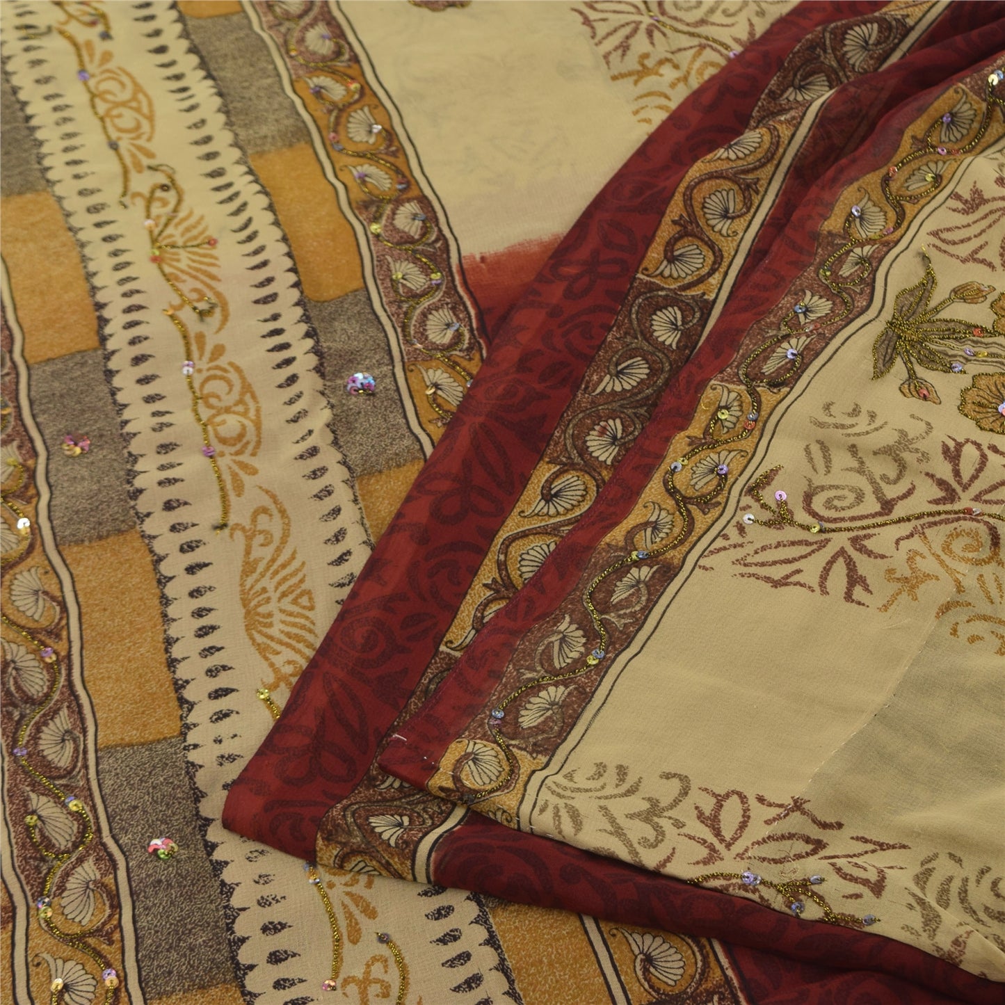 Sanskriti Vintage Cream Sarees Georgette Hand Beaded Premium Sari Craft Fabric