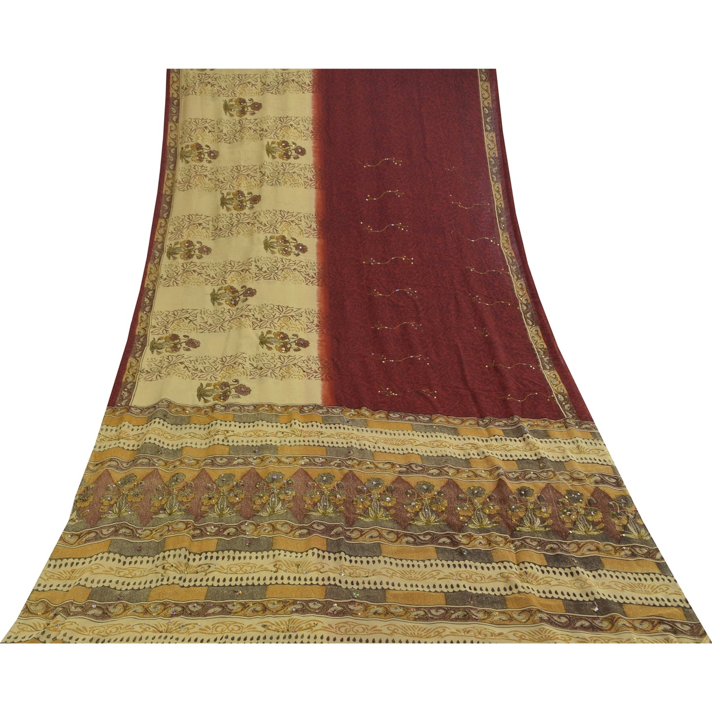 Sanskriti Vintage Cream Sarees Georgette Hand Beaded Premium Sari Craft Fabric