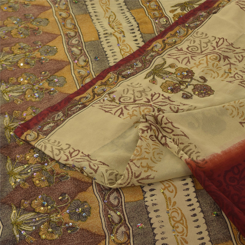 Sanskriti Vintage Cream Sarees Georgette Hand Beaded Premium Sari Craft Fabric