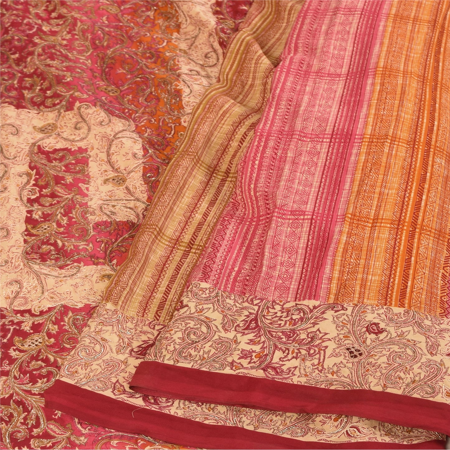 Sanskriti Vintage Sarees Art Silk Hand Beaded Printed Craft Fabric Premium Sari