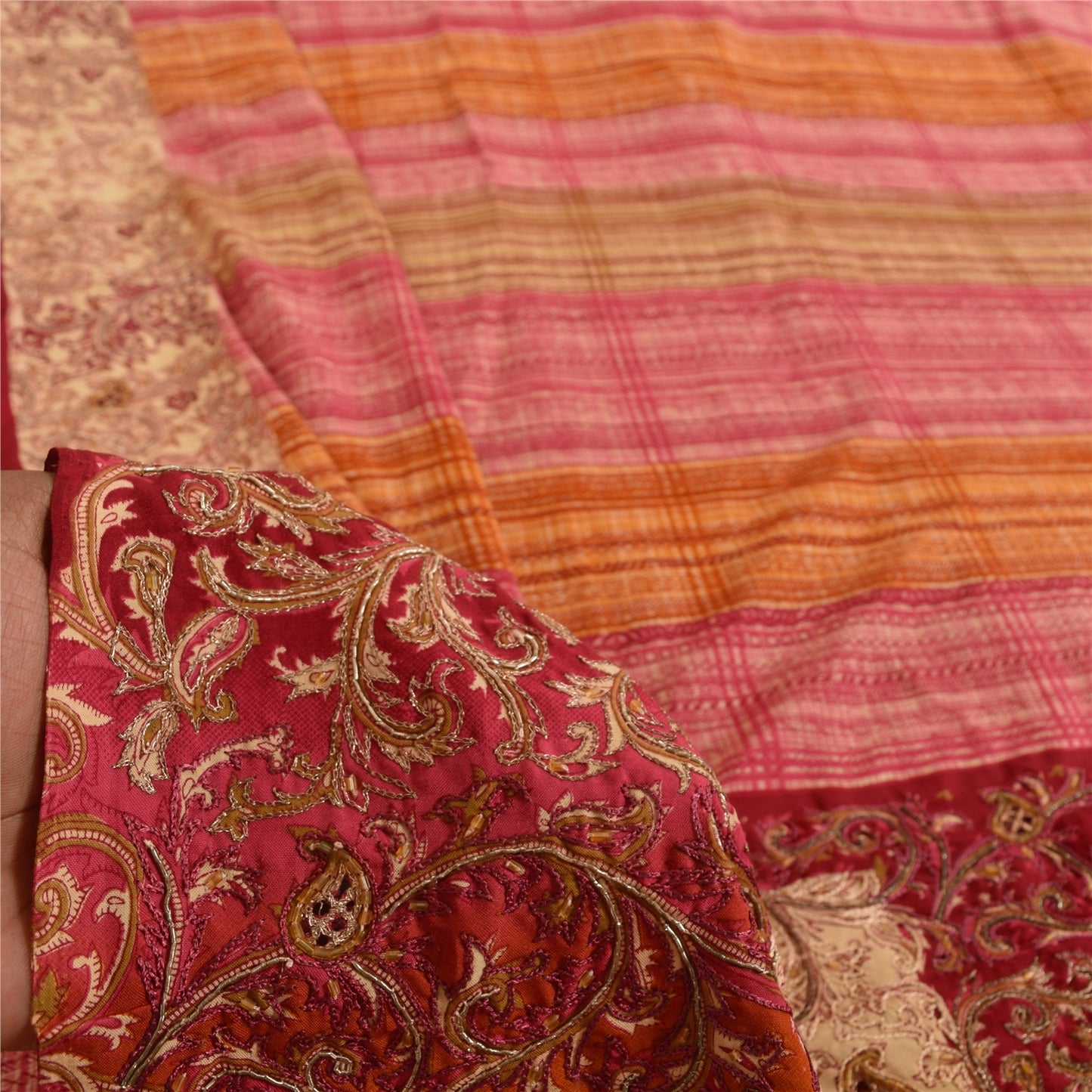 Sanskriti Vintage Sarees Art Silk Hand Beaded Printed Craft Fabric Premium Sari