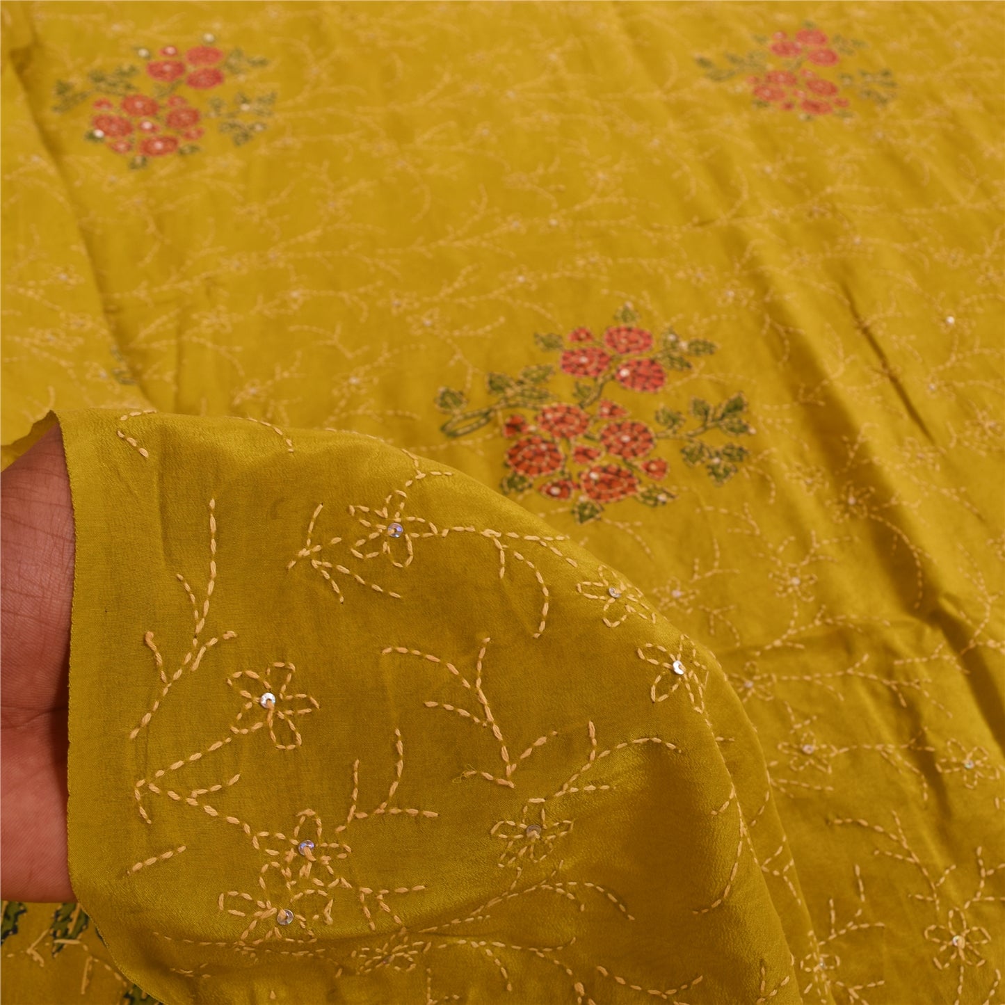 Sanskriti Vintage Green Sarees Pure Crepe Hand Beaded Kantha Sari Craft Fabric