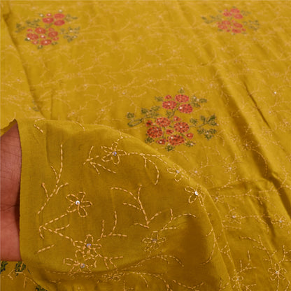 Sanskriti Vintage Green Sarees Pure Crepe Hand Beaded Kantha Sari Craft Fabric