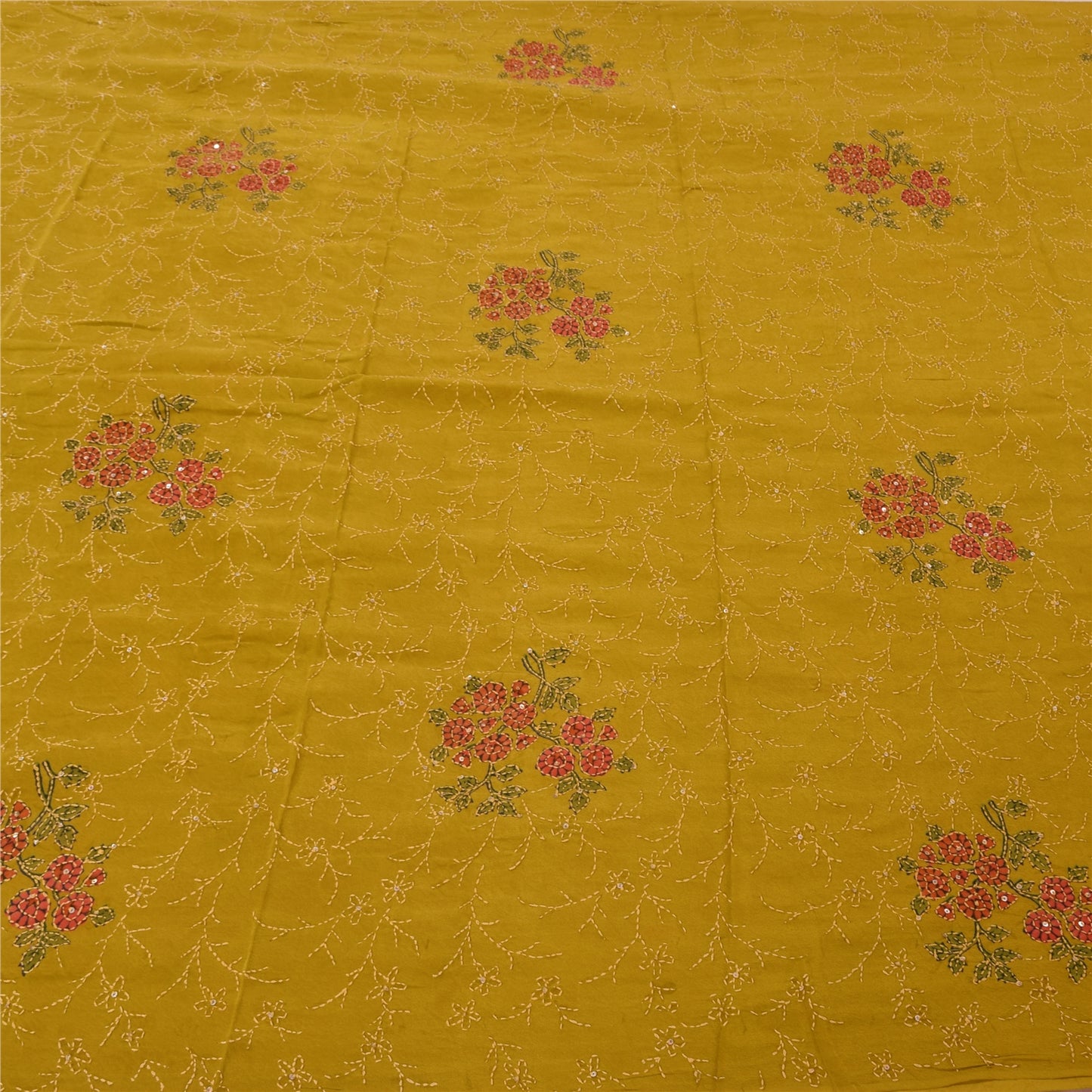 Sanskriti Vintage Green Sarees Pure Crepe Hand Beaded Kantha Sari Craft Fabric