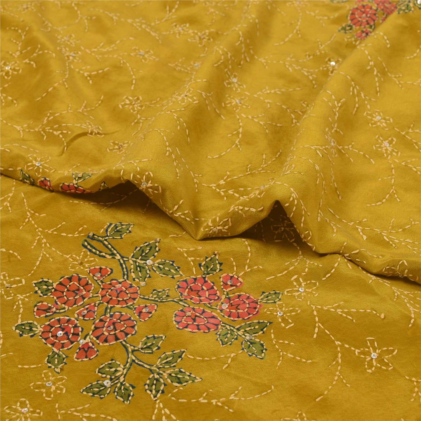 Sanskriti Vintage Green Sarees Pure Crepe Hand Beaded Kantha Sari Craft Fabric