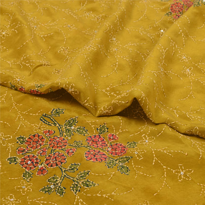 Sanskriti Vintage Green Sarees Pure Crepe Hand Beaded Kantha Sari Craft Fabric