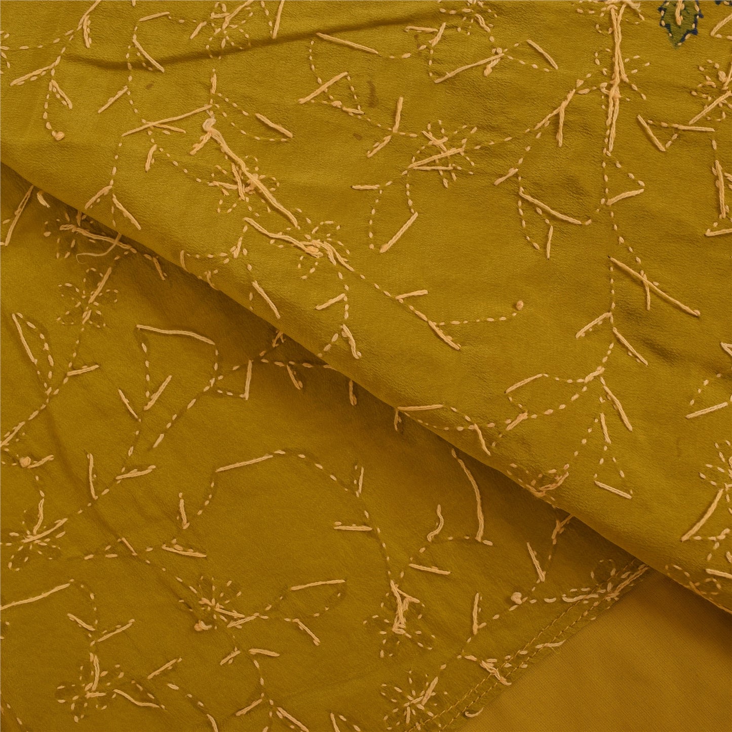 Sanskriti Vintage Green Sarees Pure Crepe Hand Beaded Kantha Sari Craft Fabric