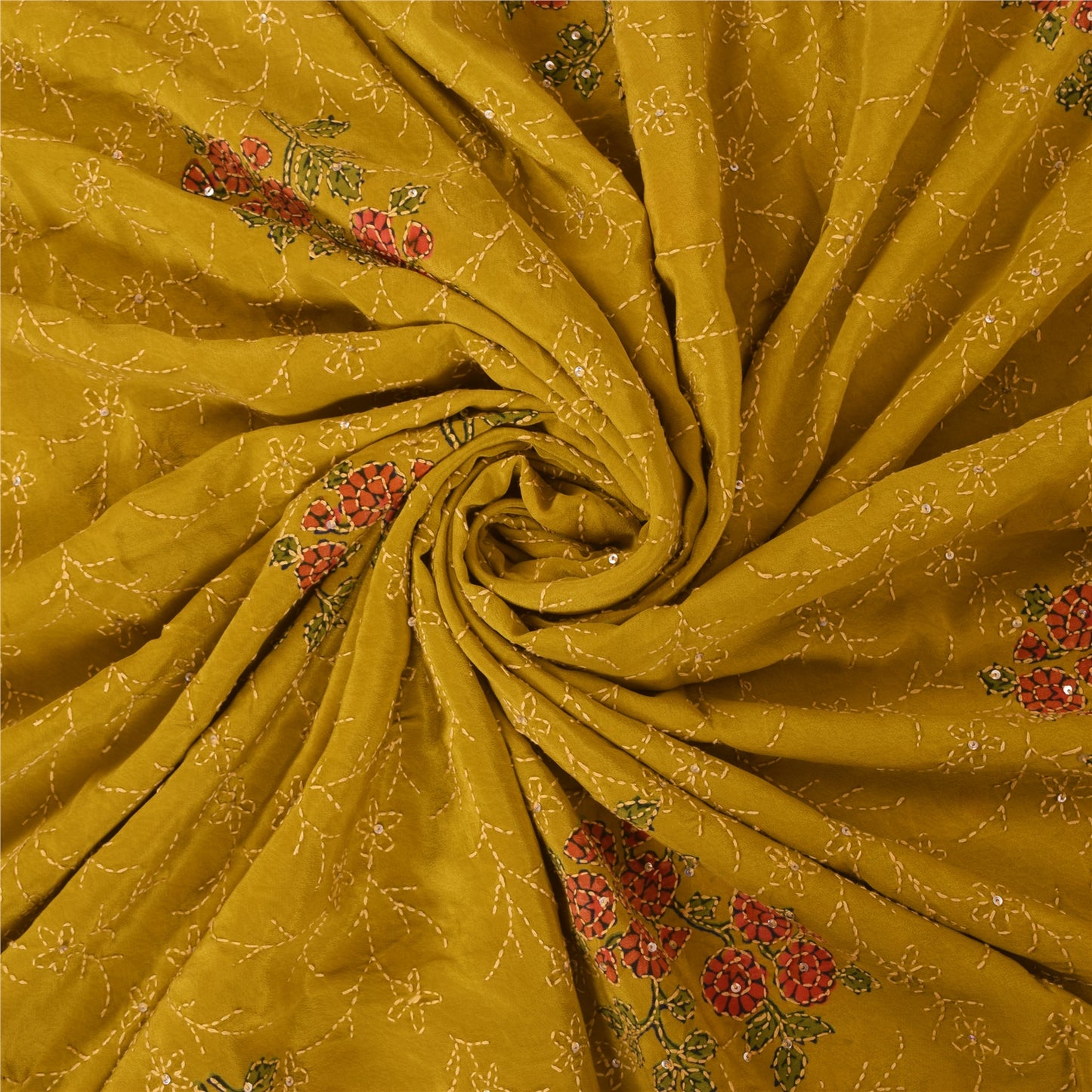 Sanskriti Vintage Green Sarees Pure Crepe Hand Beaded Kantha Sari Craft Fabric