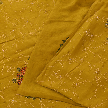 Sanskriti Vintage Green Sarees Pure Crepe Hand Beaded Kantha Sari Craft Fabric