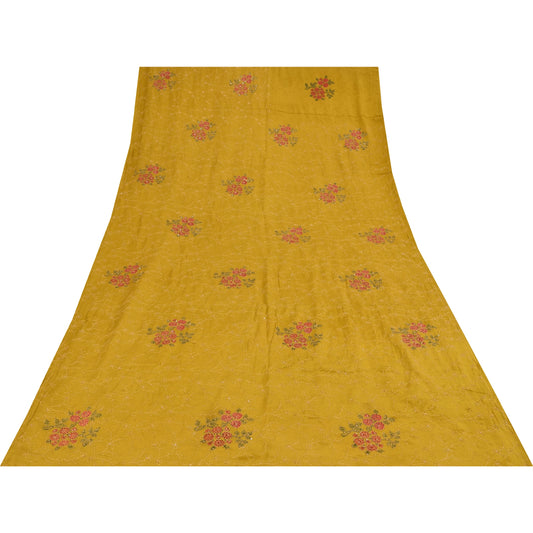 Sanskriti Vintage Green Sarees Pure Crepe Hand Beaded Kantha Sari Craft Fabric