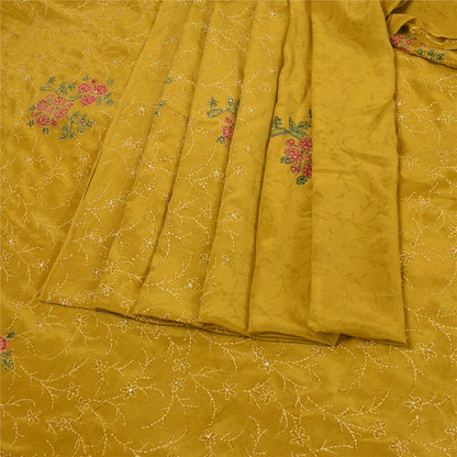 Sanskriti Vintage Green Sarees Pure Crepe Hand Beaded Kantha Sari Craft Fabric