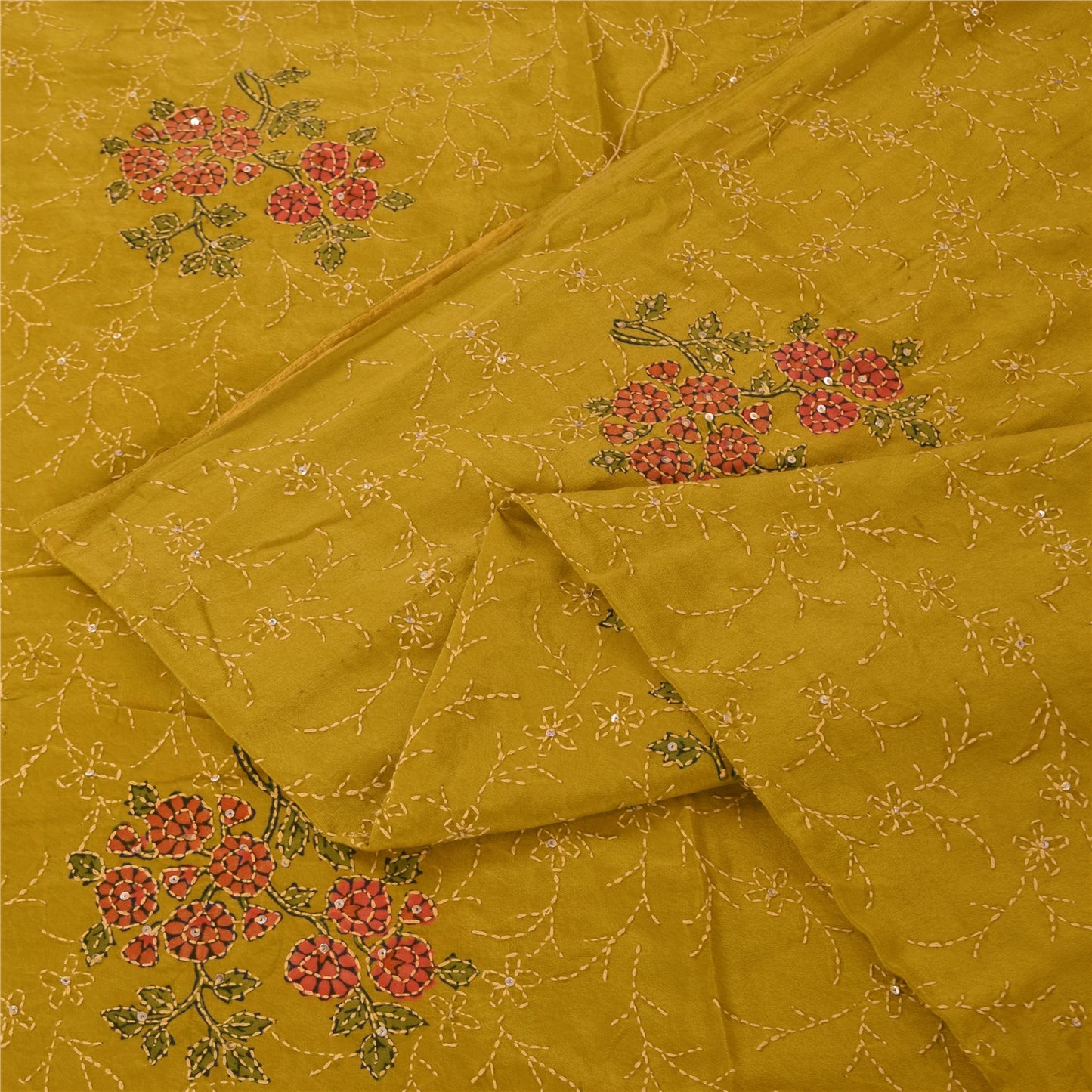 Sanskriti Vintage Green Sarees Pure Crepe Hand Beaded Kantha Sari Craft Fabric