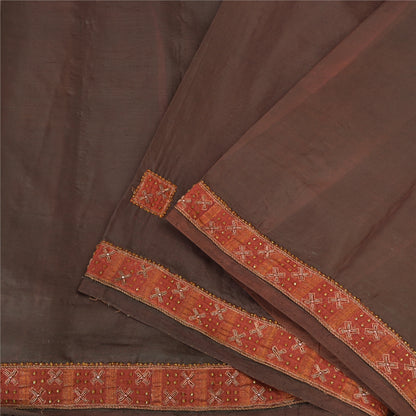 Sanskriti Vintage Brown Sarees Pure Silk Hand Bead Zardozi Craft Fabric 5+YDSari