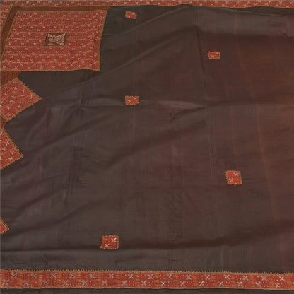 Sanskriti Vintage Brown Sarees Pure Silk Hand Bead Zardozi Craft Fabric 5+YDSari