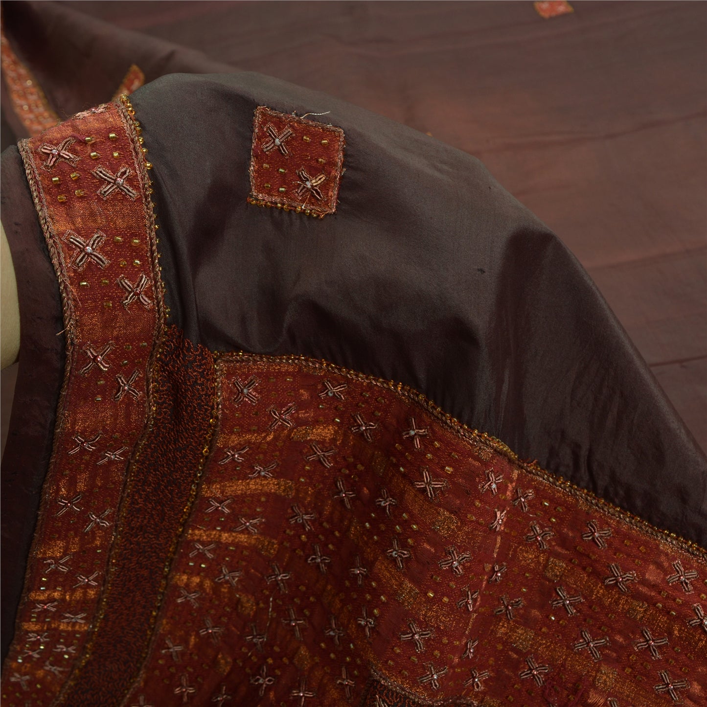 Sanskriti Vintage Brown Sarees Pure Silk Hand Bead Zardozi Craft Fabric 5+YDSari