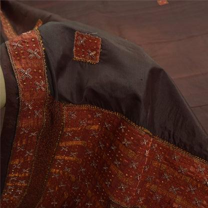 Sanskriti Vintage Brown Sarees Pure Silk Hand Bead Zardozi Craft Fabric 5+YDSari