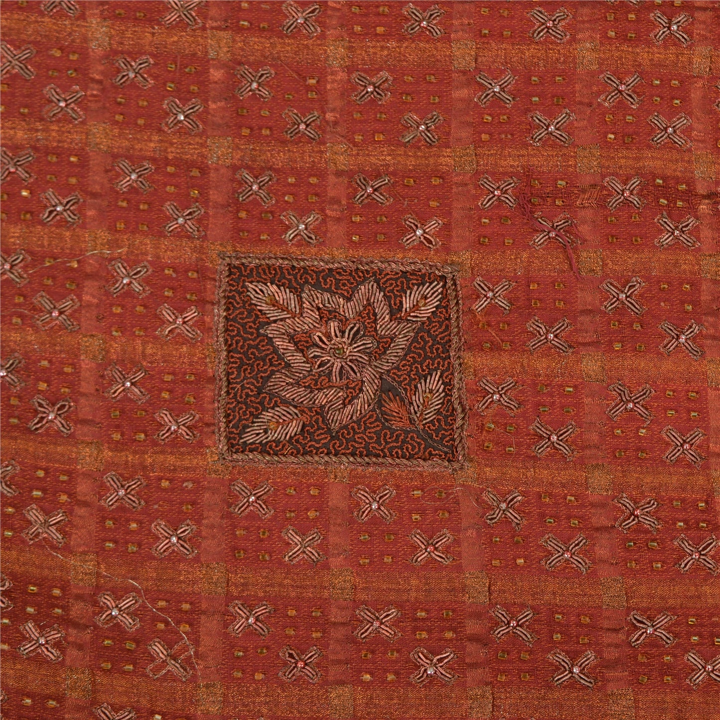 Sanskriti Vintage Brown Sarees Pure Silk Hand Bead Zardozi Craft Fabric 5+YDSari