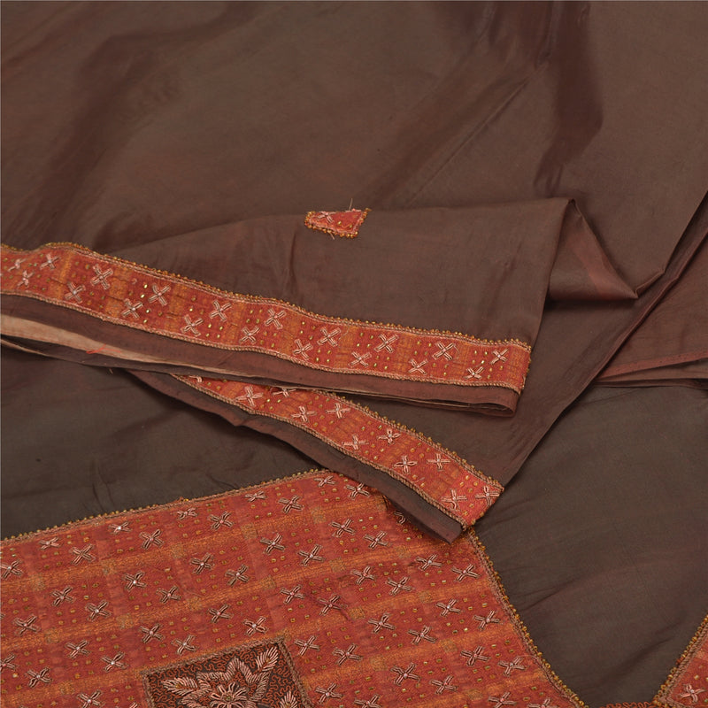 Sanskriti Vintage Brown Sarees Pure Silk Hand Bead Zardozi Craft Fabric 5+YDSari