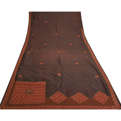 Sanskriti Vintage Brown Sarees Pure Silk Hand Bead Zardozi Craft Fabric 5+YDSari