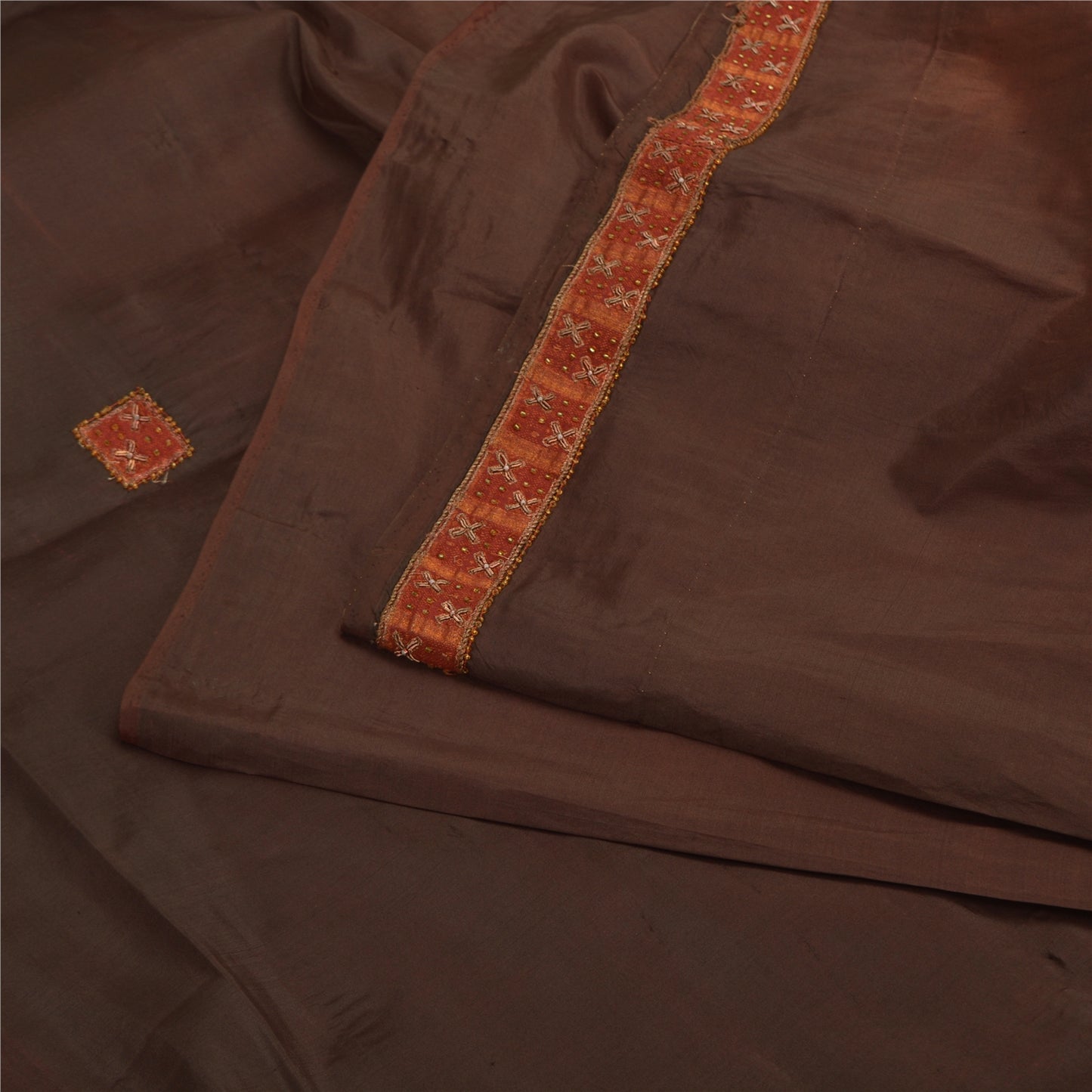 Sanskriti Vintage Brown Sarees Pure Silk Hand Bead Zardozi Craft Fabric 5+YDSari