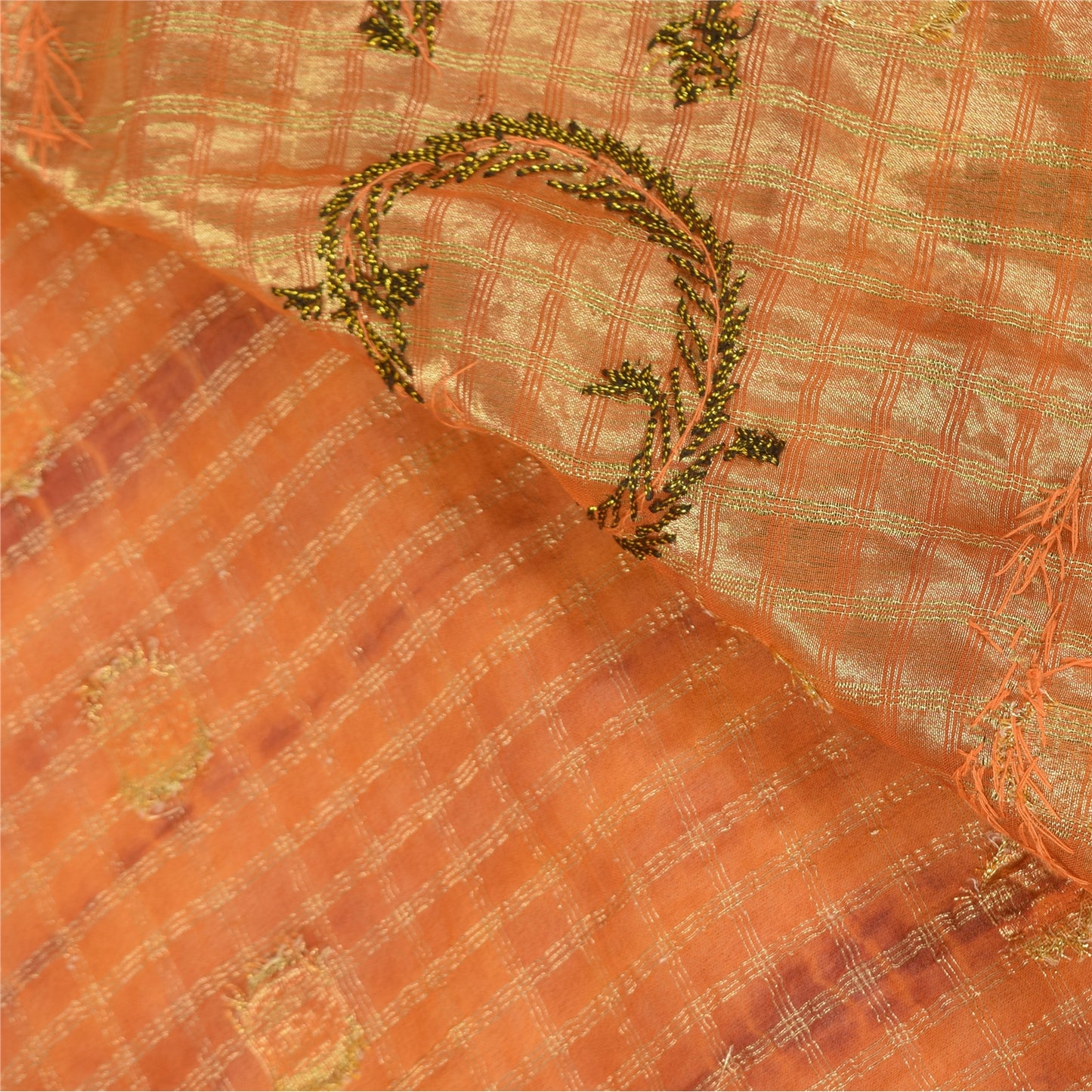 Sanskriti Vintage Orange Saree Pure Georgette Hand Beaded Craft 5YD Fabric Sari