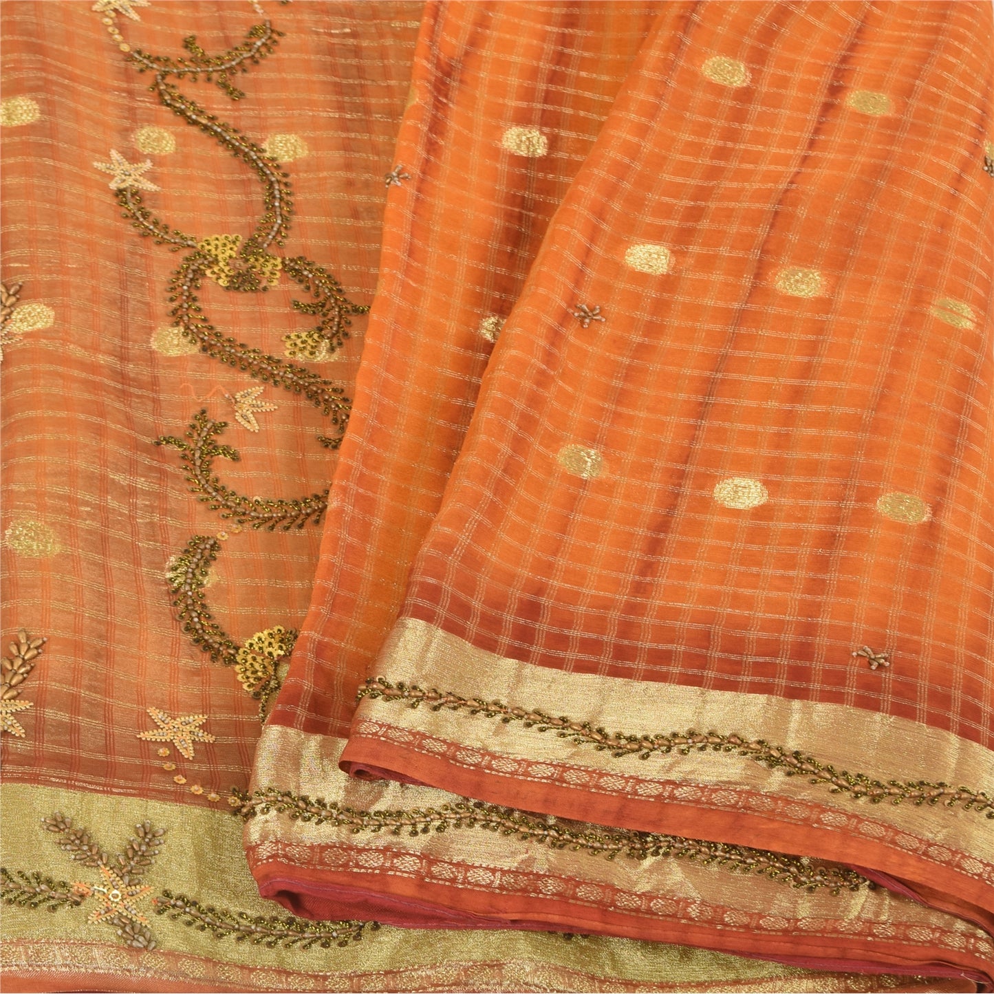 Sanskriti Vintage Orange Saree Pure Georgette Hand Beaded Craft 5YD Fabric Sari