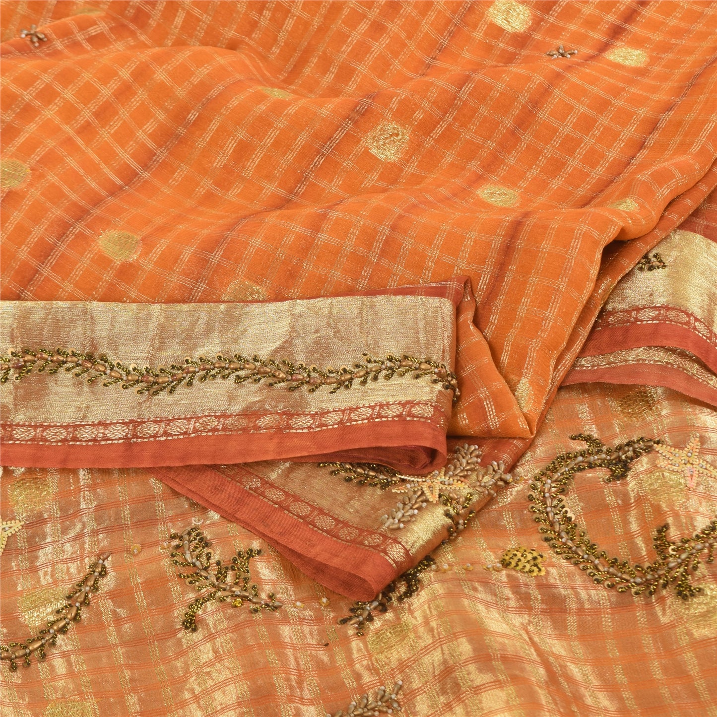 Sanskriti Vintage Orange Saree Pure Georgette Hand Beaded Craft 5YD Fabric Sari