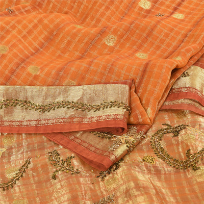 Sanskriti Vintage Orange Saree Pure Georgette Hand Beaded Craft 5YD Fabric Sari