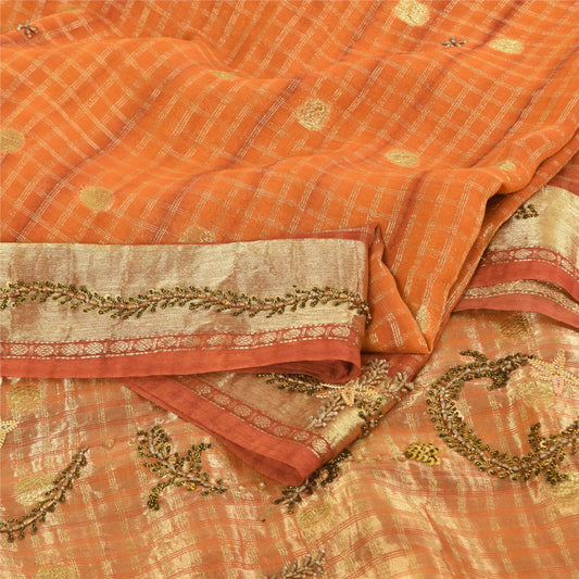 Sanskriti Vintage Orange Saree Pure Georgette Hand Beaded Craft 5YD Fabric Sari