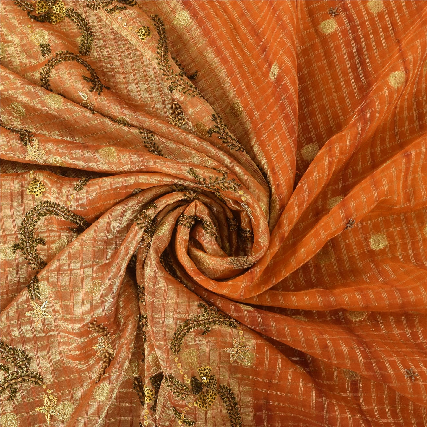Sanskriti Vintage Orange Saree Pure Georgette Hand Beaded Craft 5YD Fabric Sari