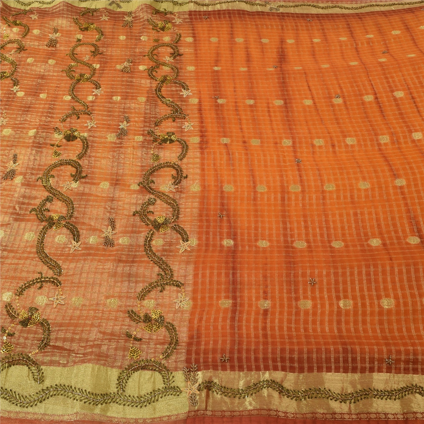 Sanskriti Vintage Orange Saree Pure Georgette Hand Beaded Craft 5YD Fabric Sari