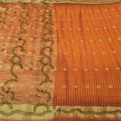 Sanskriti Vintage Orange Saree Pure Georgette Hand Beaded Craft 5YD Fabric Sari