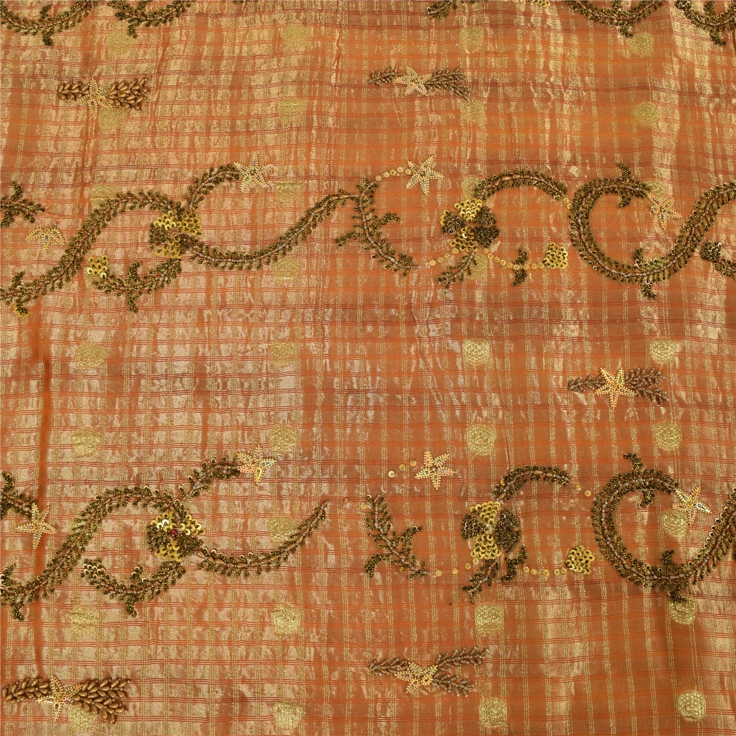 Sanskriti Vintage Orange Saree Pure Georgette Hand Beaded Craft 5YD Fabric Sari