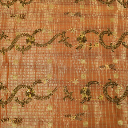 Sanskriti Vintage Orange Saree Pure Georgette Hand Beaded Craft 5YD Fabric Sari