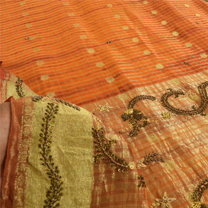 Sanskriti Vintage Orange Saree Pure Georgette Hand Beaded Craft 5YD Fabric Sari