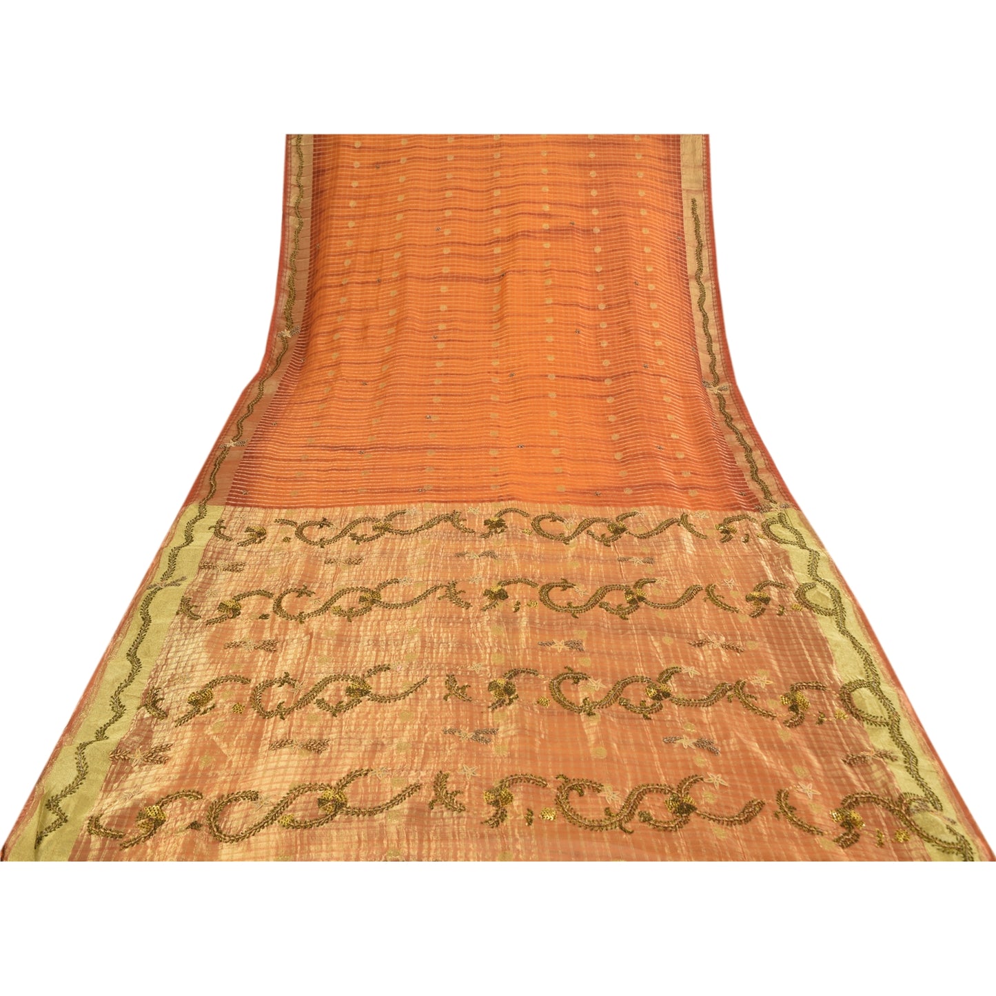 Sanskriti Vintage Orange Saree Pure Georgette Hand Beaded Craft 5YD Fabric Sari