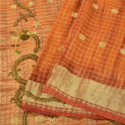 Sanskriti Vintage Orange Saree Pure Georgette Hand Beaded Craft 5YD Fabric Sari