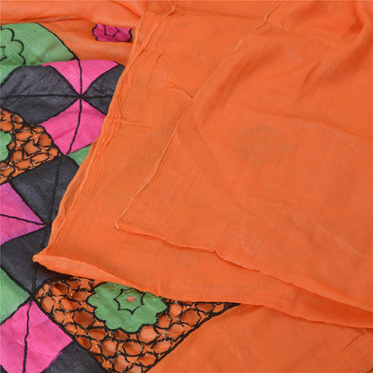Sanskriti Vintage Orange Sarees Pure Cotton Hand Beaded Patch 5YD Fabric Sari