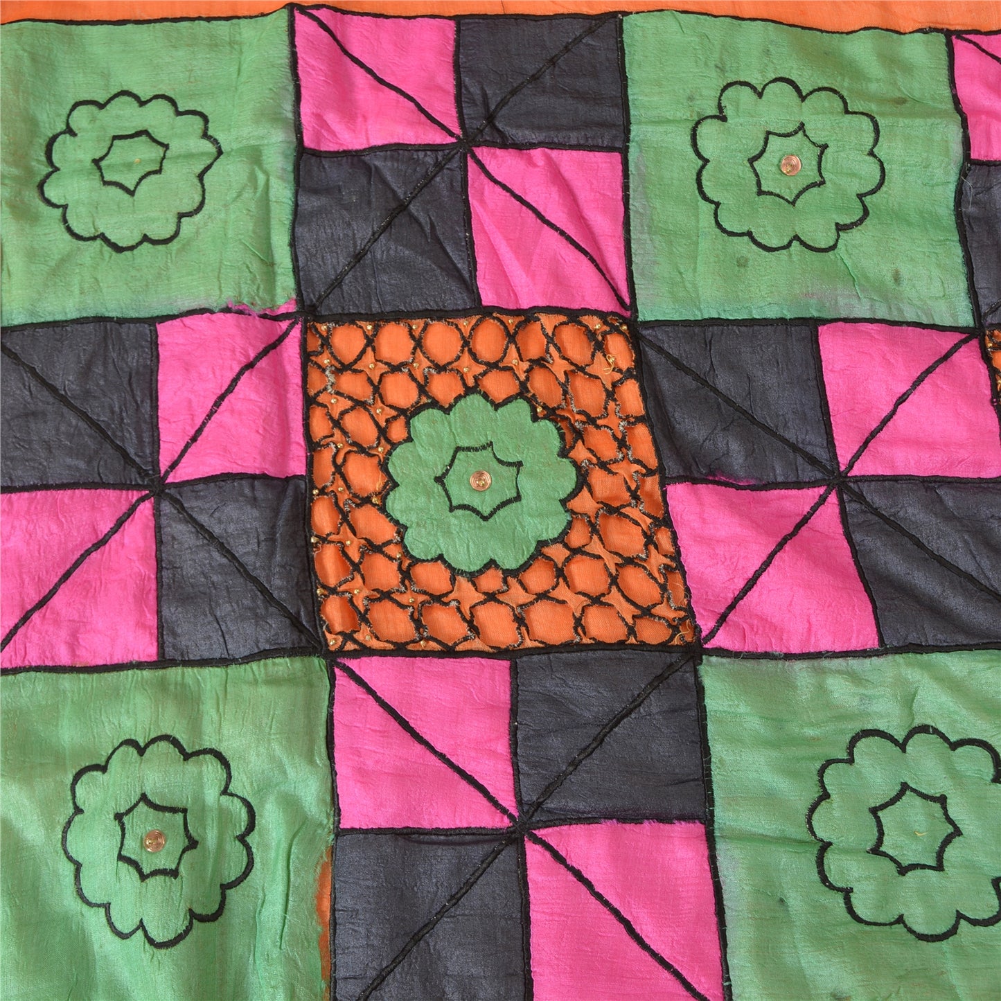 Sanskriti Vintage Orange Sarees Pure Cotton Hand Beaded Patch 5YD Fabric Sari