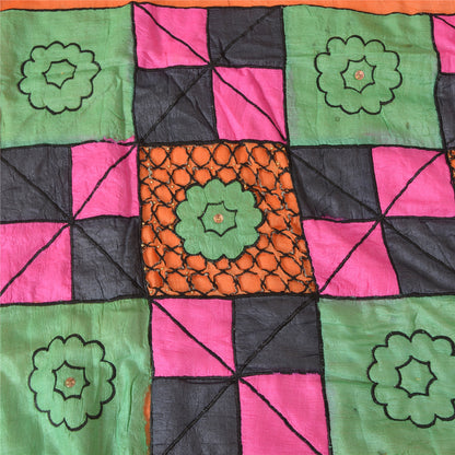 Sanskriti Vintage Orange Sarees Pure Cotton Hand Beaded Patch 5YD Fabric Sari