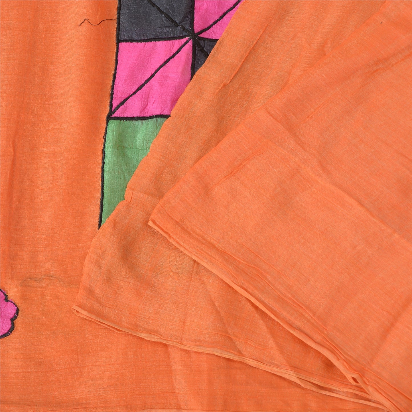 Sanskriti Vintage Orange Sarees Pure Cotton Hand Beaded Patch 5YD Fabric Sari