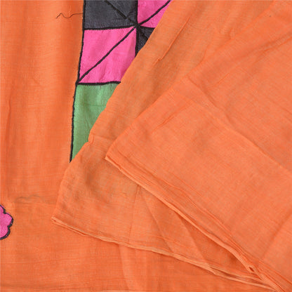 Sanskriti Vintage Orange Sarees Pure Cotton Hand Beaded Patch 5YD Fabric Sari