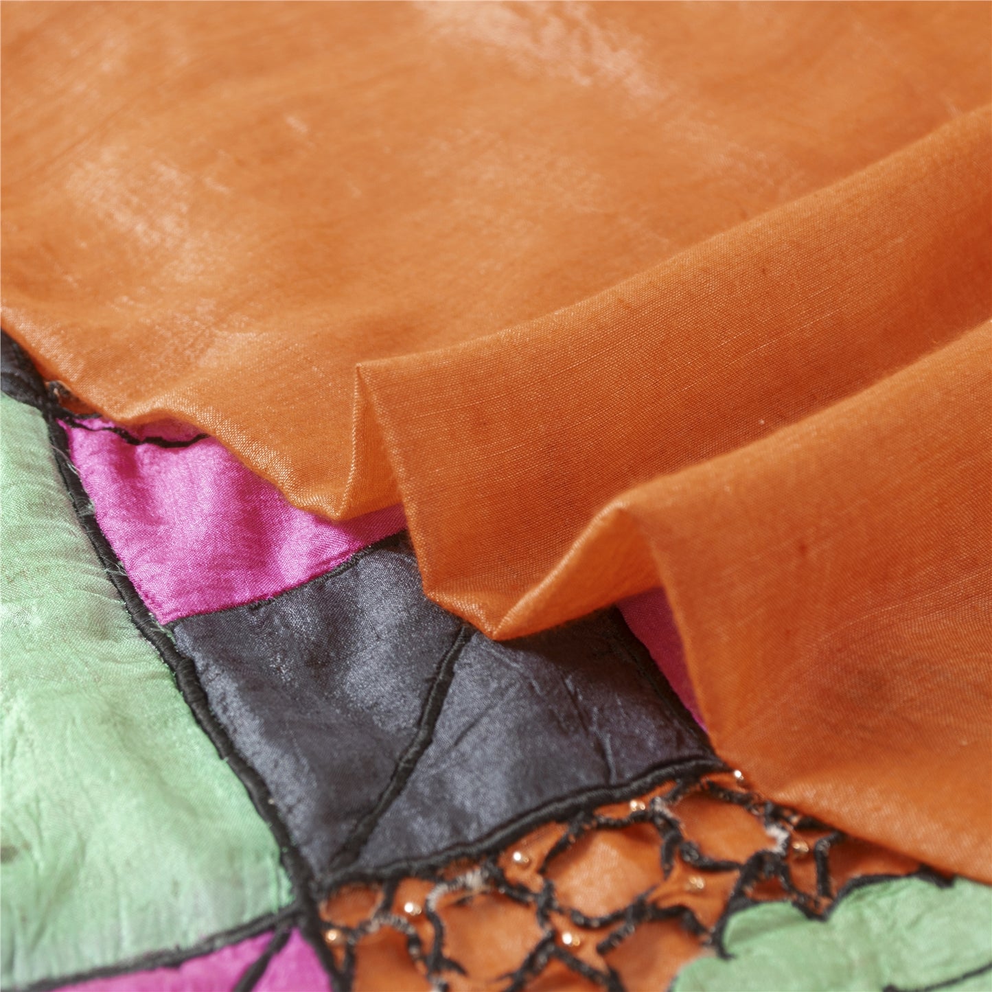 Sanskriti Vintage Orange Sarees Pure Cotton Hand Beaded Patch 5YD Fabric Sari