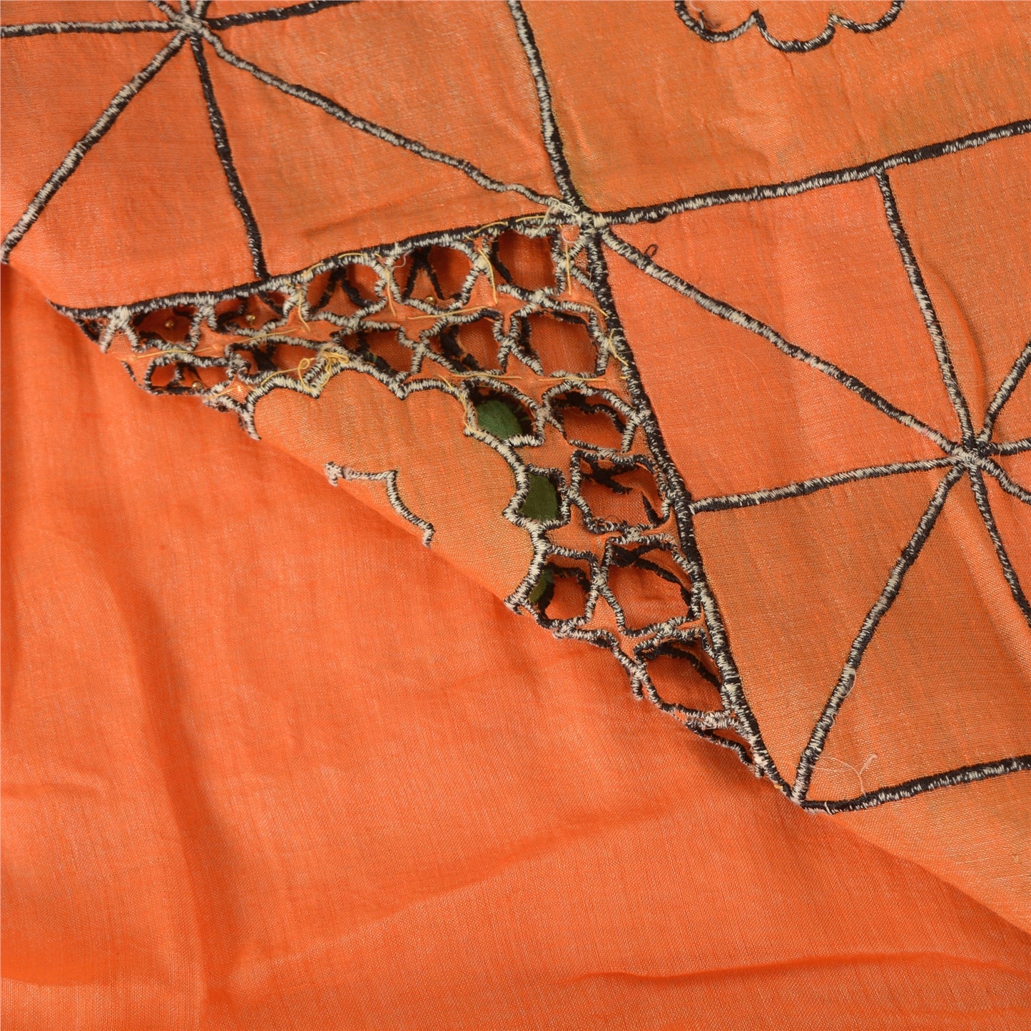 Sanskriti Vintage Orange Sarees Pure Cotton Hand Beaded Patch 5YD Fabric Sari