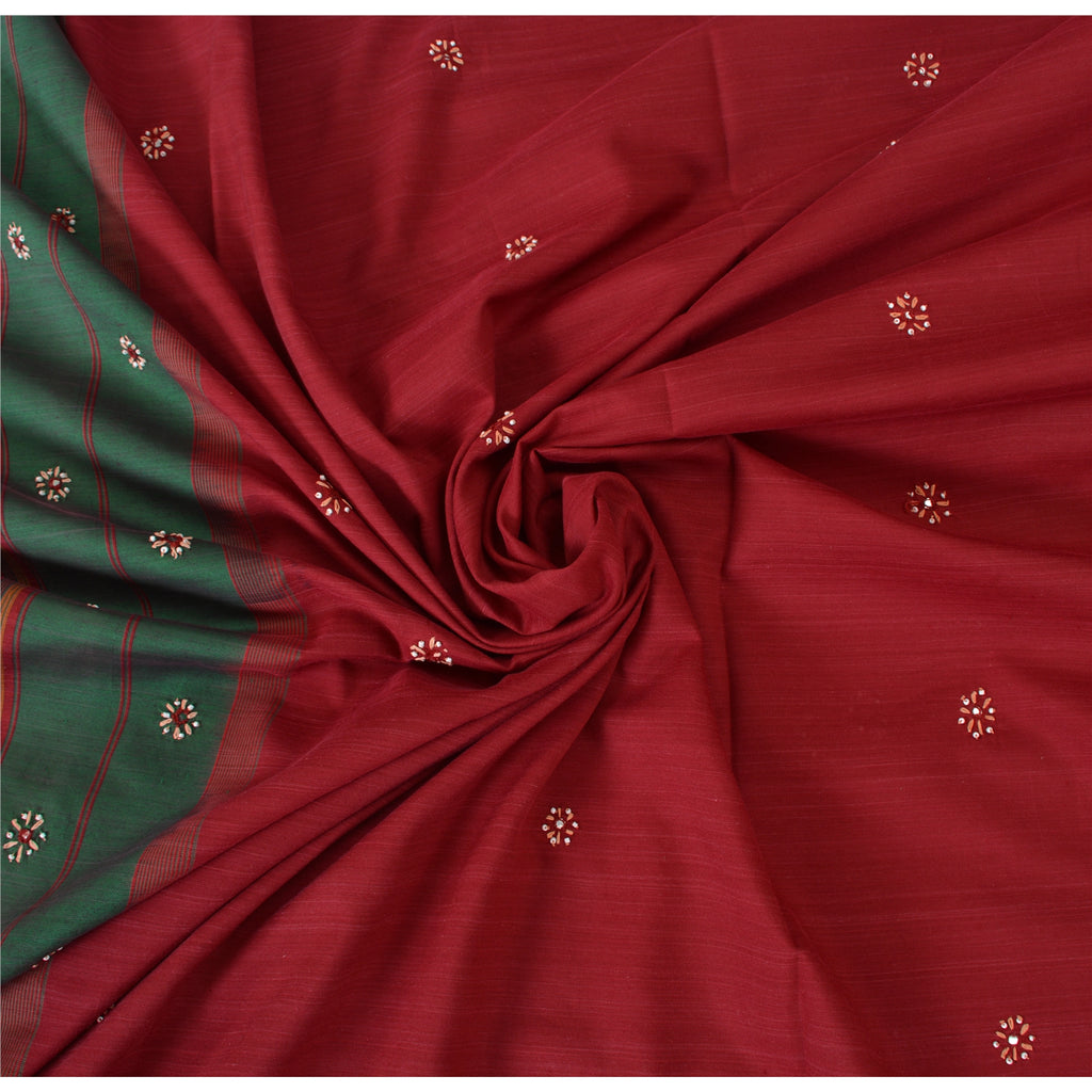 Sanskriti Vintage Red Saree Pure Cotton Hand Beaded Woven Sari 5yrd Craft Fabric