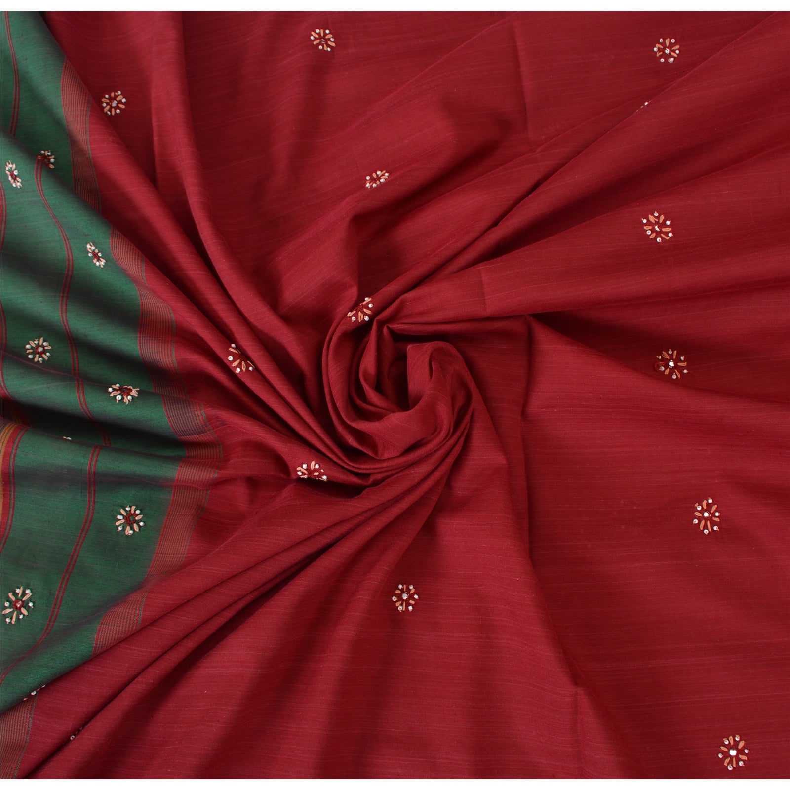 Sanskriti Vintage Red Saree Pure Cotton Hand Beaded Woven Sari 5yrd Craft Fabric